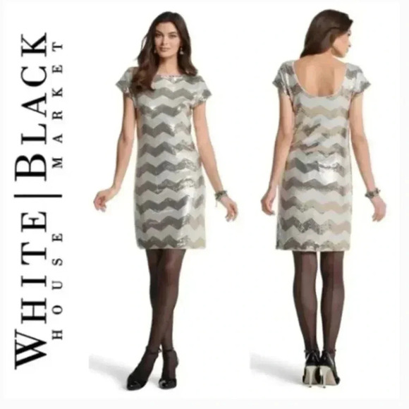 White House Black Market WHBM Mini Dress Sequin Sparkle Chevron Gold White XS - Picture 1 of 12